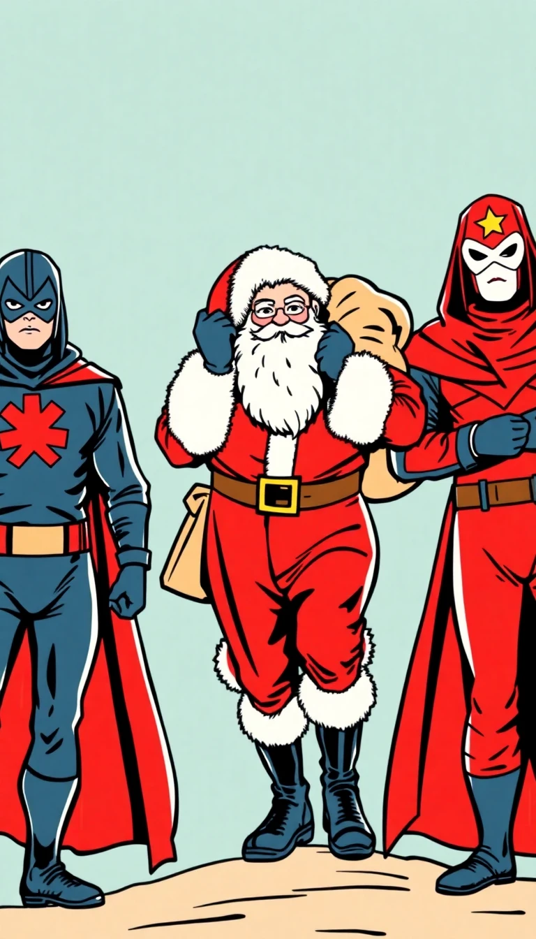 Vintage comic Santa and superheroes illustration